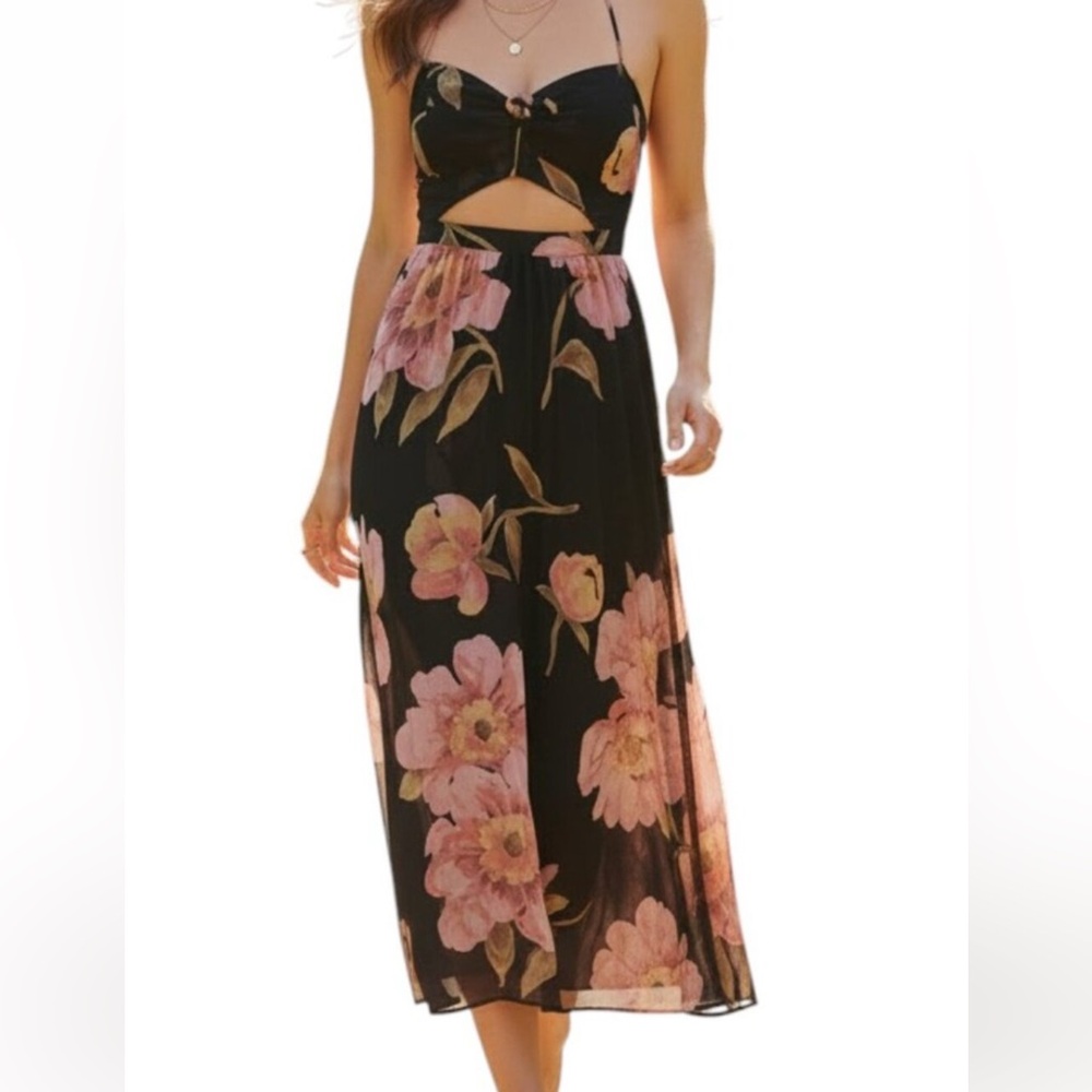 Reformation Addie Floral Cutout Midi Dress - Black with Pink & Coral Floral - Picture 3 of 8